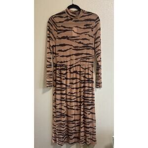 Wild Fable Women's Sz L Tiger Print Long Sleeve Mock Turtleneck Mesh Midi Dress